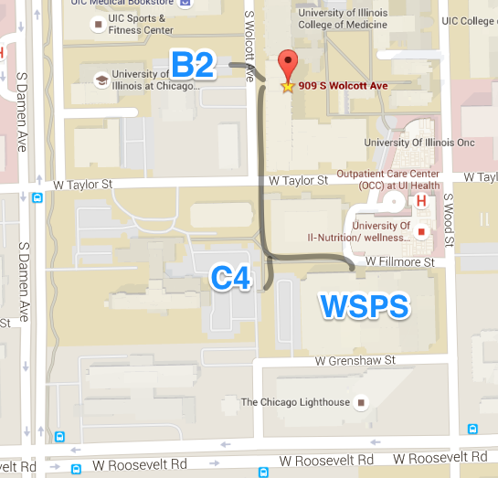 Map showing visitor parking lots near COMRB - B2, C4, and Wood Street Parking Structure.