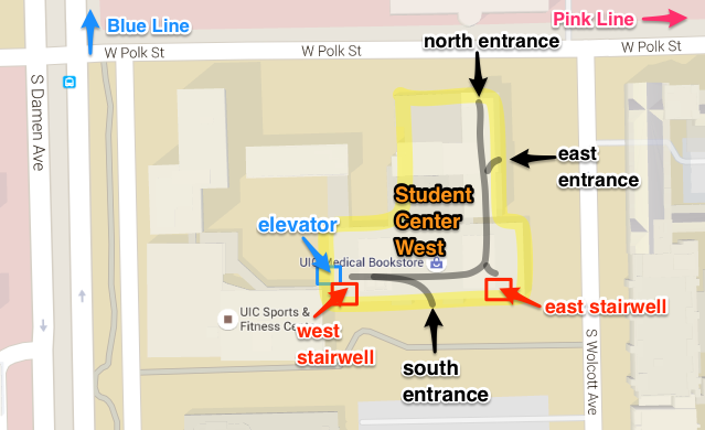 Map of entrances to Student Center West (SCW)