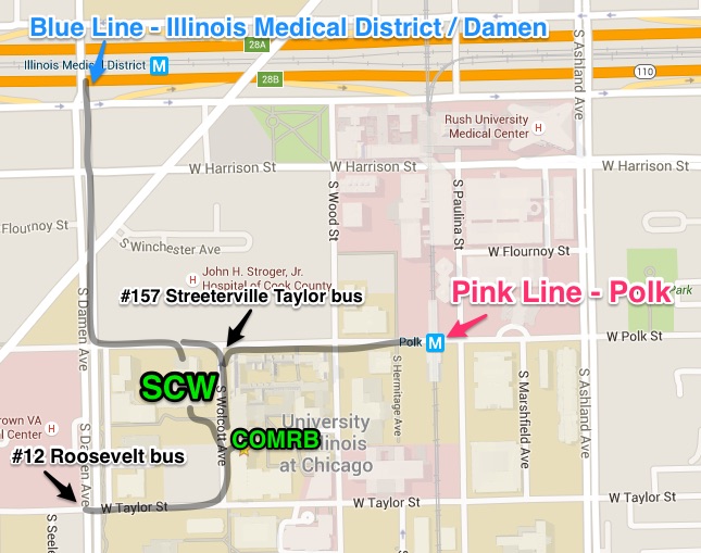 Map showing public transit (bus and train) options near MidCamp venues